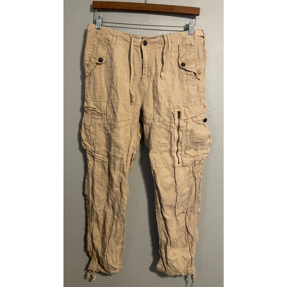 Polo Ralph Lauren Pants Mens 34x32 Khaki Linen Cargo Drawstring Cuffs Utility - Picture 1 of 10